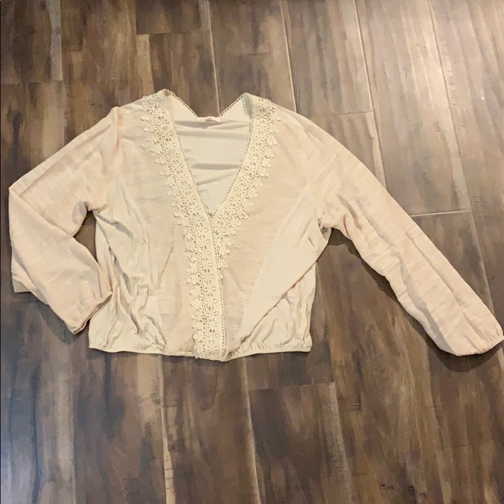 Beige Cotton & Floral Embroidered Long Sleeve Top